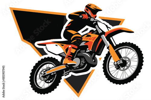Vector illustration of off road motorbike rider performing jump with bold triangle background design.