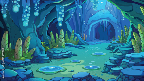 Underwater cartoon cave glowing with blue boloman vector illustration ai generated art