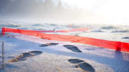 trespass. Red caution tape on ground with footprints crossing it, morning dew, soft daylight. event key visuals, club posters, designed for fitness apps and gym onboarding, supports training.