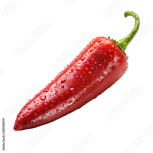 A vibrant red chili pepper with droplets of water, showcasing its fresh and spicy appearance.
