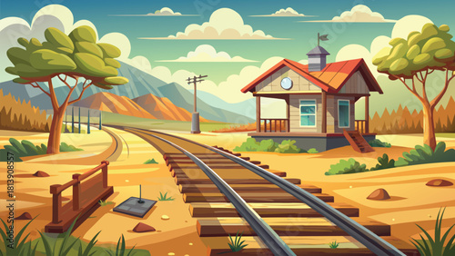 Railway track crossing running through peaceful rural farmland vector illustration ai generated art
