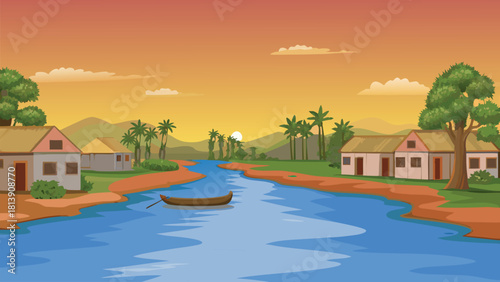 Radiant warm sky at sunset casting an orange glow over an Asian village and palm trees vector illustration ai generated art