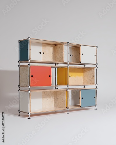 Multi-colored modular shelving unit with doors