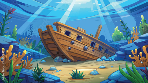 Sunken wooden ship resting on ocean floor surrounding vector illustration ai generated art