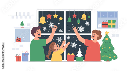 Family Festive Decorating: A family unites in the spirit of the season, adorning their home with shimmering decorations and festive ornaments, capturing the joy of holiday preparations.