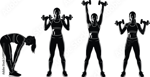 Silhouette set of athletic woman performing dumbbell exercises, female fitness workout poses, black vector illustration isolated on white background, strength training concept