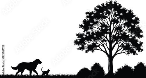 Vector silhouette of dog and cat walking together in park near big tree, nature landscape with pets, black illustration isolated on white background.
