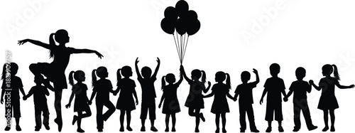 Vector silhouette of happy children holding hands with balloons, large group of kids standing together, black illustration isolated on white background.