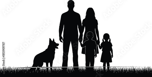 Vector silhouette of happy family holding hands with dog standing on grass, black illustration of parents and children together, isolated on white background.