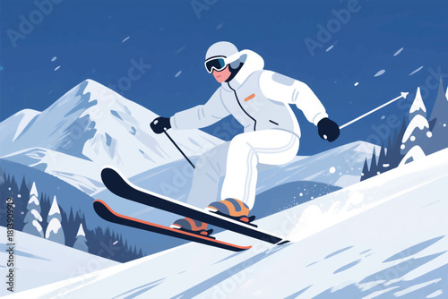Vector illustration of a skier in white gear descending a snowy mountain slope with pine trees and blue sky.