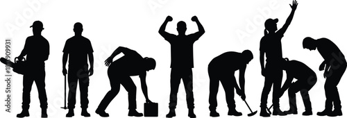 Vector silhouette set of construction workers with tools, black illustration of men working hard, labor team isolated on white background, industrial concept.