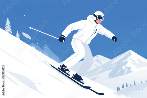 Vector illustration of a skier in white winter gear skiing downhill on a snowy mountain with blue sky.