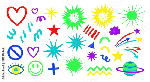 Whimsical hand drawn doodle collection of abstract colorful shapes and symbols on white