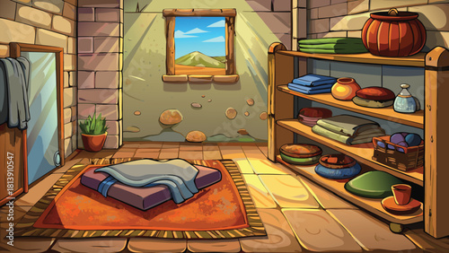 Poor farmer standing in a small, simple indoor room space vector illustration ai generated art