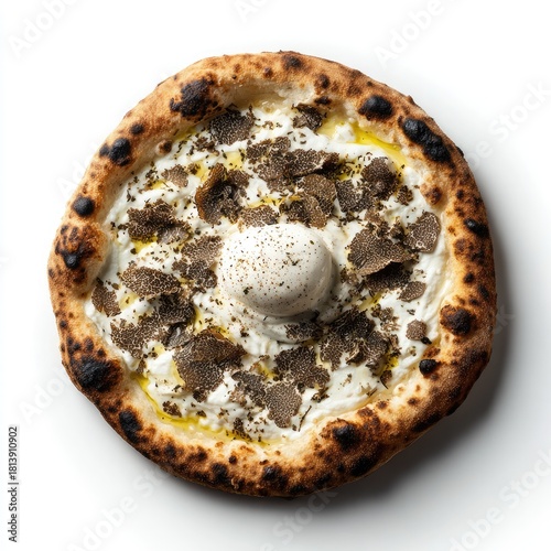Round pizza, topped with creamy white sauce, truffle shavings, and a poached egg.  Crispy crust