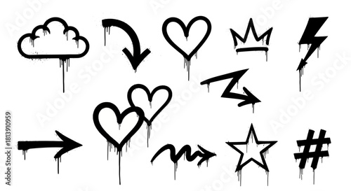 Spray paint graphic elements collection cloud arrow heart crown lightning star and hashtag