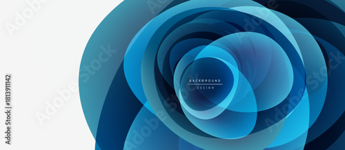 Abstract blue layers create swirling, dynamic background. Modern design features gradient shades, circular forms, text overlay.