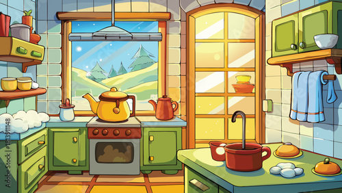 Small cozy cartoon kitchen stove with kettle vector illustration ai generated art