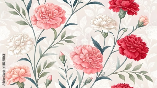 Elegant floral background with pink, white and red carnations creating a romantic and delicate design perfect for weddings, invitations, or springtime projects