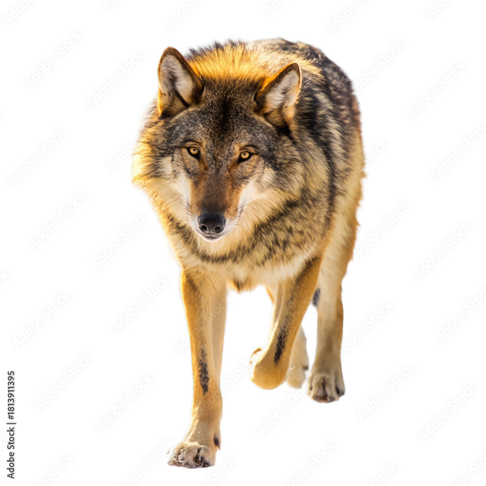 Obraz premium Close up Portrait of a Wolf Walking Forward With Mouth Open and Teeth Bared on Transparent Background Soft Light Captured Outdoors in Winter Season Detailed Fur Texture