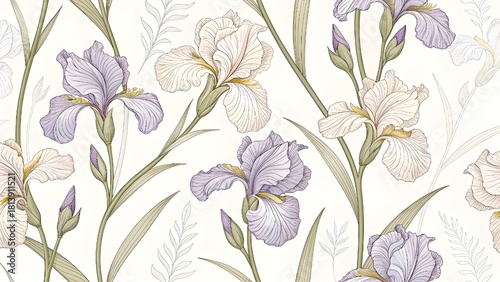 Elegant floral pattern of iris blooms for sophisticated designs, perfect for backgrounds, textiles, and stationery with a touch of natural beauty and grace