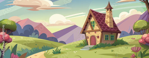 Glowing orange twilight scene above an Asian village lined with trees vector illustration ai generated art