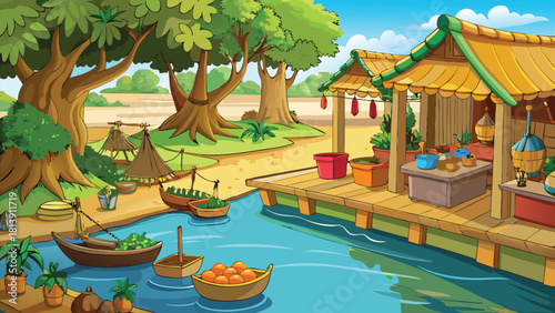 Tranquil village corner showcasing a rustic food stall and market area vector illustration ai generated art