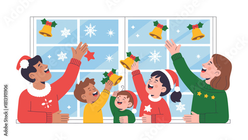 Joyful Festive Preparations: A family decorates for the holiday season, filled with anticipation and delight, as they adorn their home with festive ornaments and seasonal cheer.