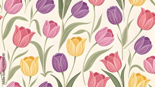 Vibrant tulip floral pattern for spring designs and elegant backgrounds, perfect for textiles, wallpaper, and invitations with a touch of nature's beauty