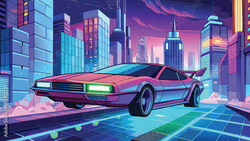 Sleek neon hover car floating above cyberpunk vector illustration ai generated art