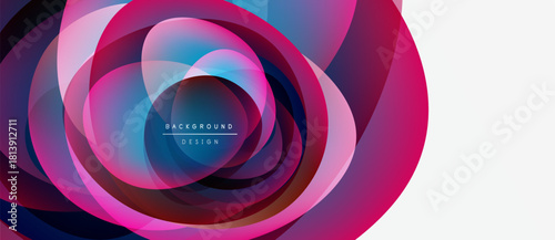 Abstract floral design. Vibrant pinks, blues create circular layers. Modern aesthetic, minimalist text element present. Smooth gradients, dynamic composition.