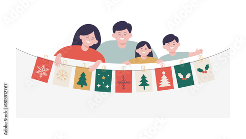 Festive Family Cheer: A warm illustration of a happy family, adorned with colorful holiday decorations, creating a joyful, inviting scene of togetherness and seasonal celebration.