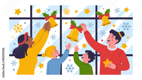 Festive Window Decorations: A family joyfully decorates a window with bells, creating a vibrant holiday scene filled with warmth and excitement, representing togetherness and festive cheer.