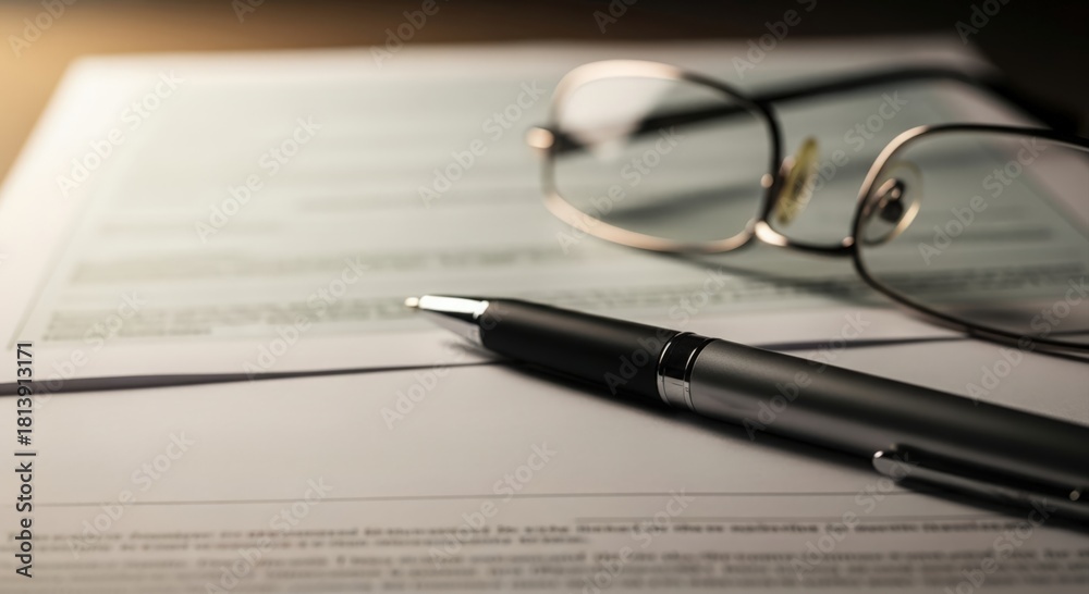 Fototapeta premium Legal Will Preparation – Blurred paperwork with pen representing family planning and security