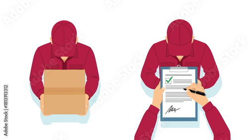 Delivery Confirmation Process Vector Illustration. Courier Holding Package and Client Signing Receipt on Clipboard for Shipping and Logistics Service