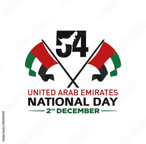 54 National Day of United Arab Emirates. Text Arabic Translation: Union Day (Eid Al Etihad). December 2. Vector Logo.