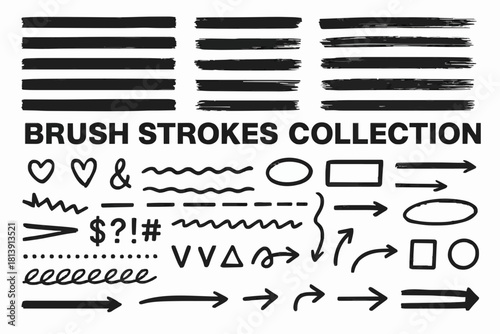 Highlighters graphic box, makers marks, underlines, arrows, notes in hand-drawn style. Underlines, lines, markers. Highlighters, scribble, doodle, notes for text, school board. Vector graphic set