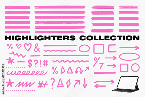 Highlighters graphic box, makers marks, underlines, arrows, notes in hand-drawn style. Underlines, lines, markers. Highlighters, scribble, doodle, notes for text, school board. Vector graphic set
