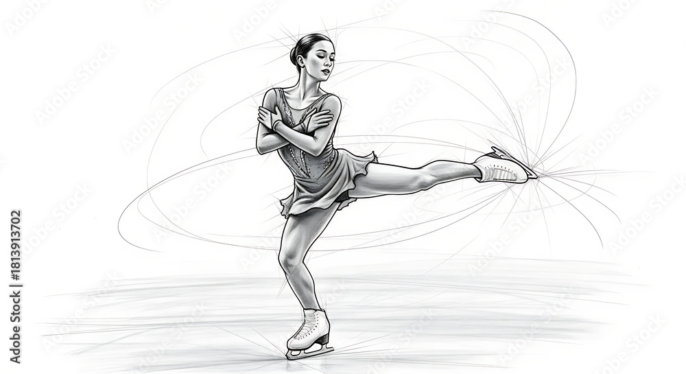 Fototapeta premium Elegant Ice Skater in Artistic Sketch Style Depicting Grace and Skill in Motion
