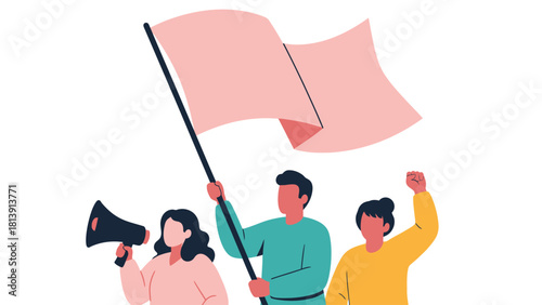 People Protesting with Blank Pink Flag and Megaphone. Activism, Demonstration, and Unity Flat Vector Illustration.