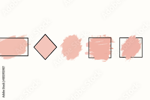 Rose gold brush strokes with frame for text. Dirty artistic design elements with picture frame. Boxes for text. Gold rose splashes set for logo, banners, flyers, cards and other. Vector set