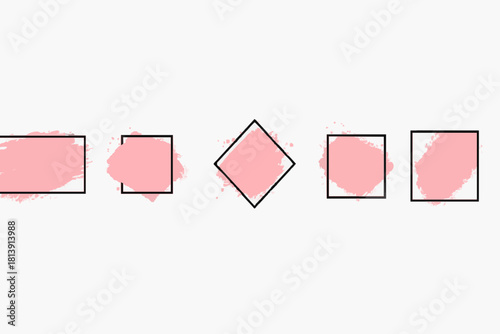 Rose gold brush strokes with frame for text. Dirty artistic design elements with picture frame. Boxes for text. Gold rose splashes set for logo, banners, flyers, cards and other. Vector set