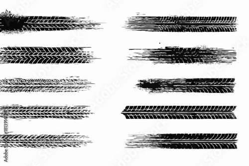 Tire tread marks, wheel texture, tire marks - car races, motocross, drift, rally, off-road and other. Vector black isolated texture in grunge style with splashes. Black and white monohcrome set