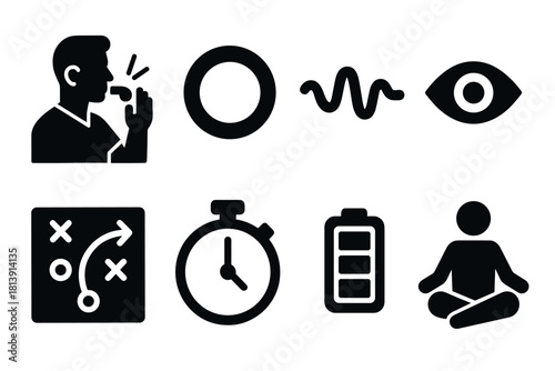Versatile bold vector icon set featuring meditation stopwatch eye and more for graphic design