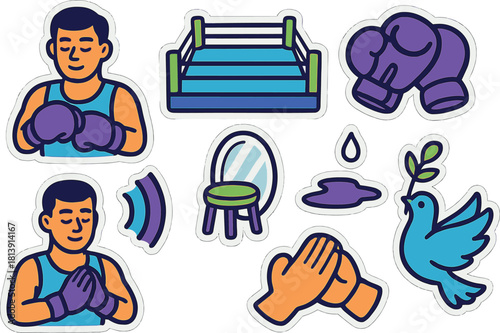 Post fight calm icons with boxer, boxing ring, and peaceful symbols for wellness design