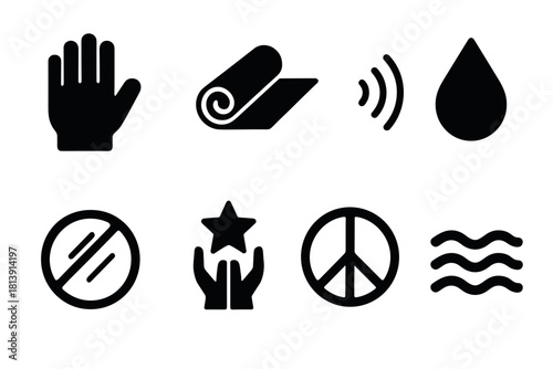 Minimalist icon set featuring hand, yoga mat, sound waves, water drop, prohibition, star, peace symbol, and waves for design use