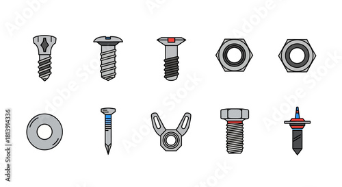 Assorted Fasteners - Screws, Nuts, Washers, and Clamps Illustration.