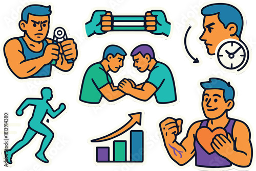 Vibrant fitness icon set featuring exercise, heart health, and strength for health and wellness designs