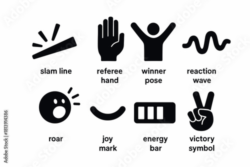 Minimalist icon set featuring victory symbol and energy bar for modern design