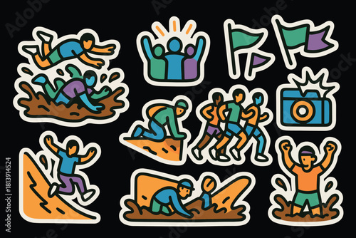Triumphant mud run icons for event design and sports enthusiasts